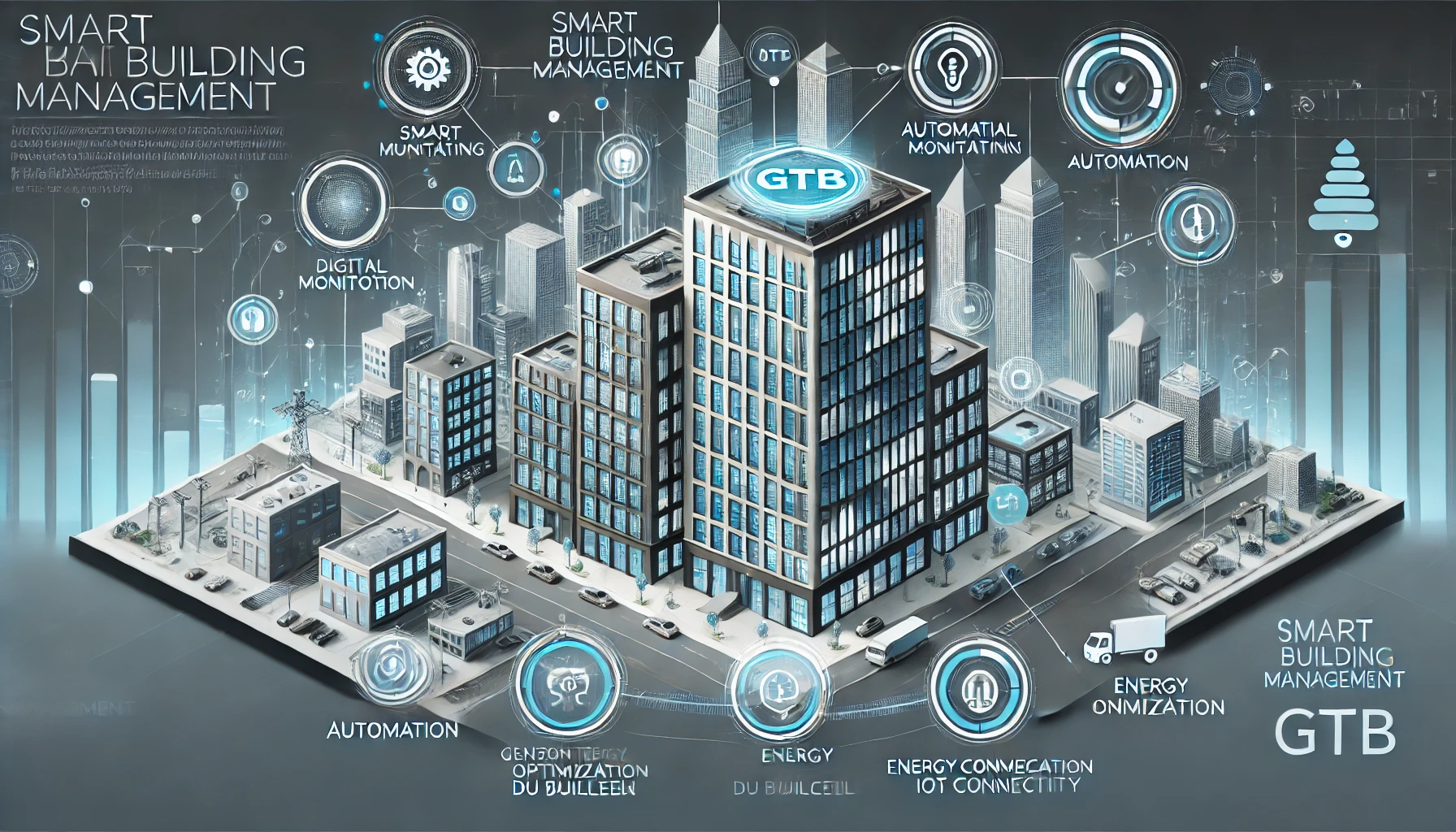 DALL·E 2025-03-15 04.45.49 - A professional and modern infographic illustrating smart building management (GTB - Gestion Technique du Bâtiment), featuring automation, digital moni